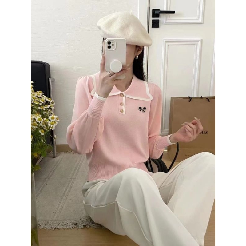 KMB Fashion - Atasan Sweater Wanita Import Rajut Lengan Panjang Ukuran Jumbo Berkerah Berkancing