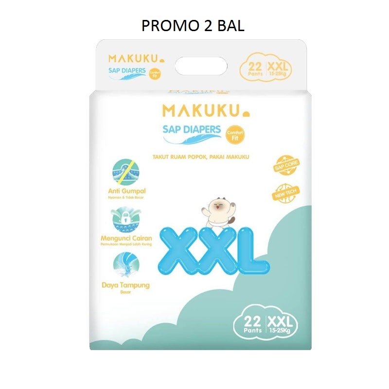 PROMO 2 BAL MAKUKU SAP DIAPERS COMFORT FIT XXL22 / XXL 22 POPOK CELANA