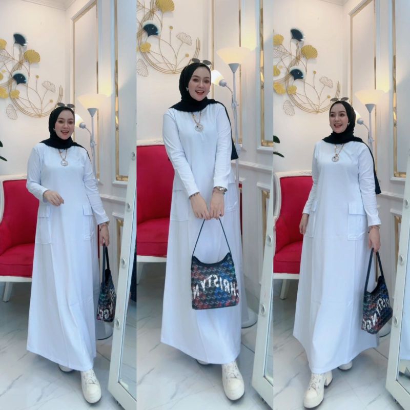 Gamis kaos combad Nabil/gamis cargo Nabil edisi putih