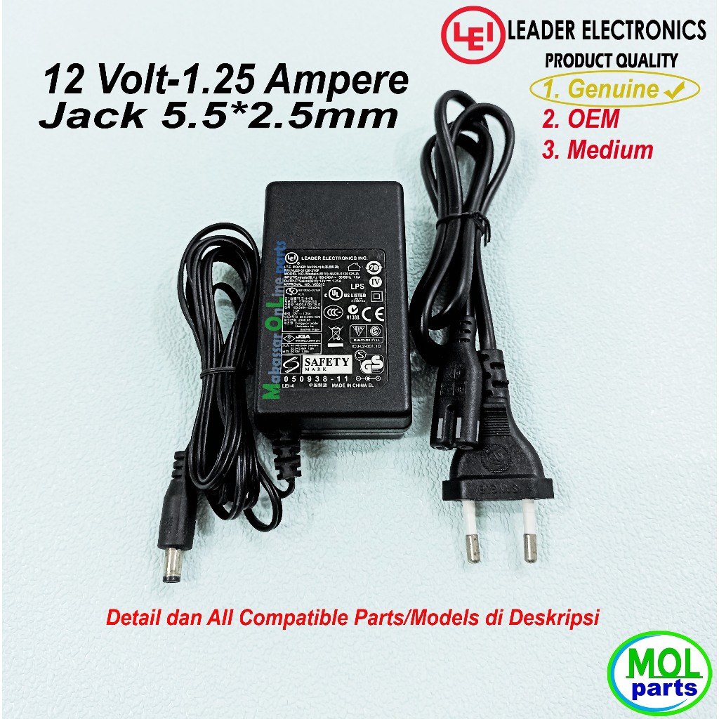 Adaptor 12V 1.25A Adaptor 12 Volt 1.25 Ampere jack besar 5.5x2.5mm Adaptor Leader Electronics genuin