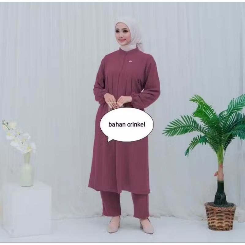 SETELAN WANITA KEKINIAN BAJU LONG TUNIK ONE SET TERBARU SETELAN WANITA MUSLIM CANTIK