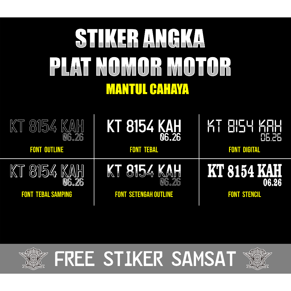 STIKER PLAT ANGKA PLAT NOMOR MOTOR MANTUL CAHAYA REFLEKTIF