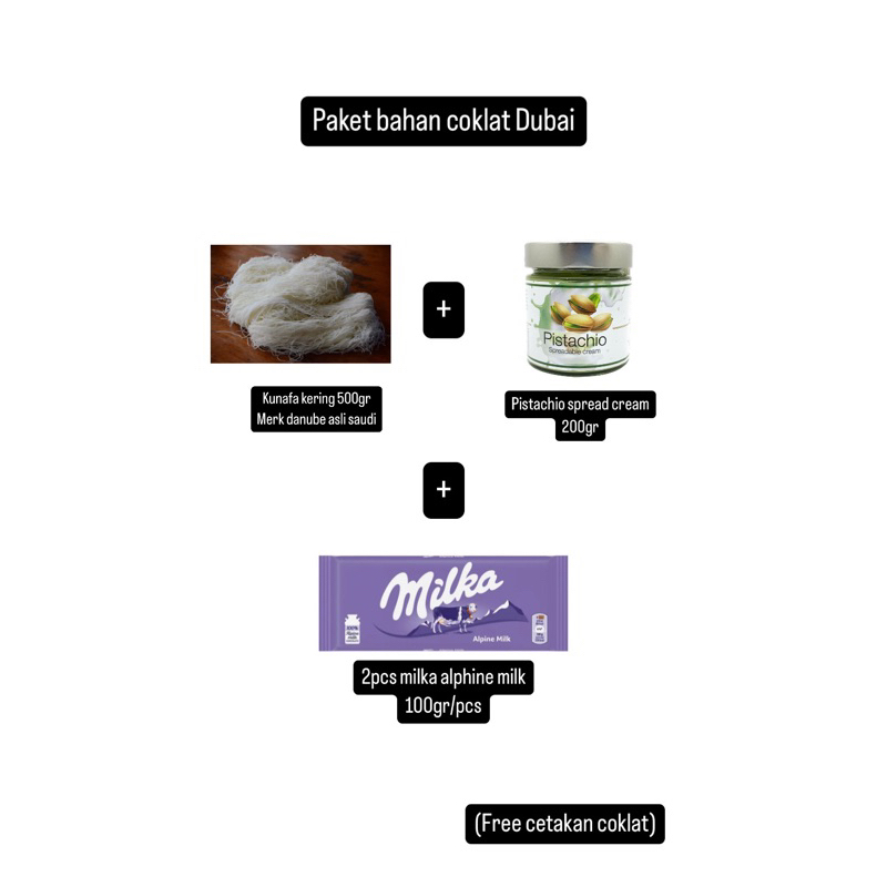 

Paket bahan coklat Dubai |kunafa 500gr+pistachio spread cream +coklat milka 2pcs (free cetakan coklat)