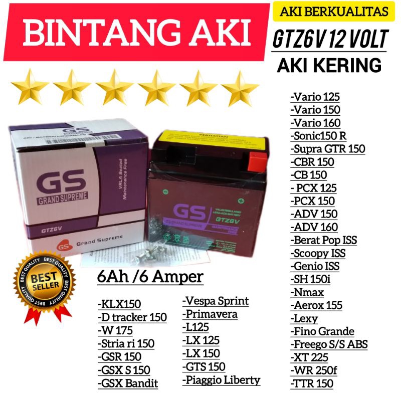 Aki Motor GS Grand Supreme Aki kering Accu kering GTZ6V / YTZ7S 12 Volt 6 Ah / 6 Ampere