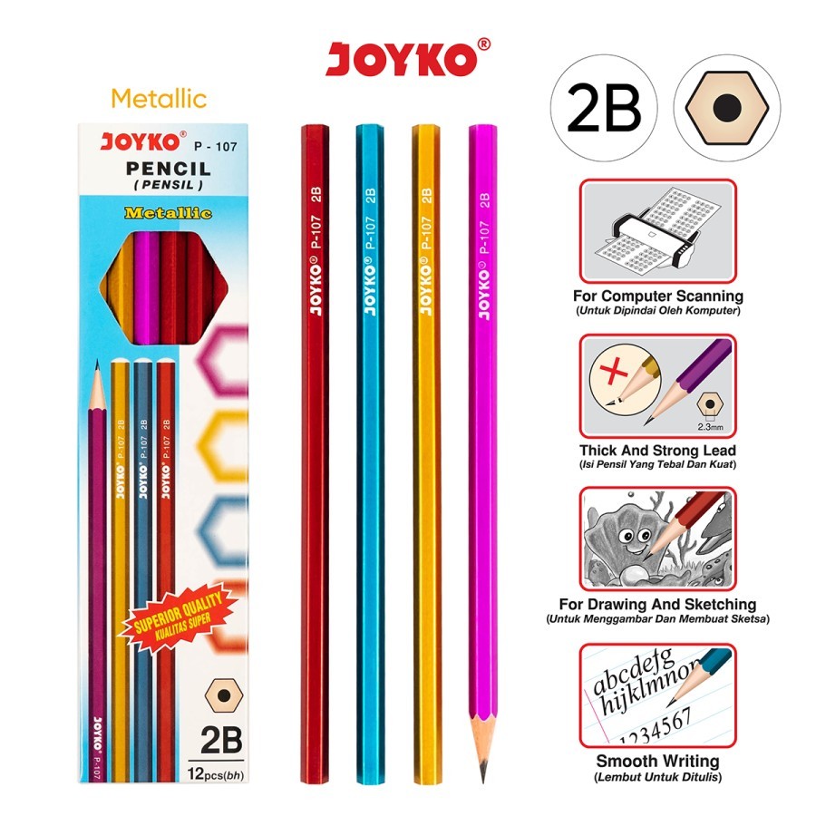 

TBMO PACK PENSIL JOYKO 2B P-107 @12PCS / Pensil Pencil Joyko P-107 Metallic 2B 1 Box 12 Pcs