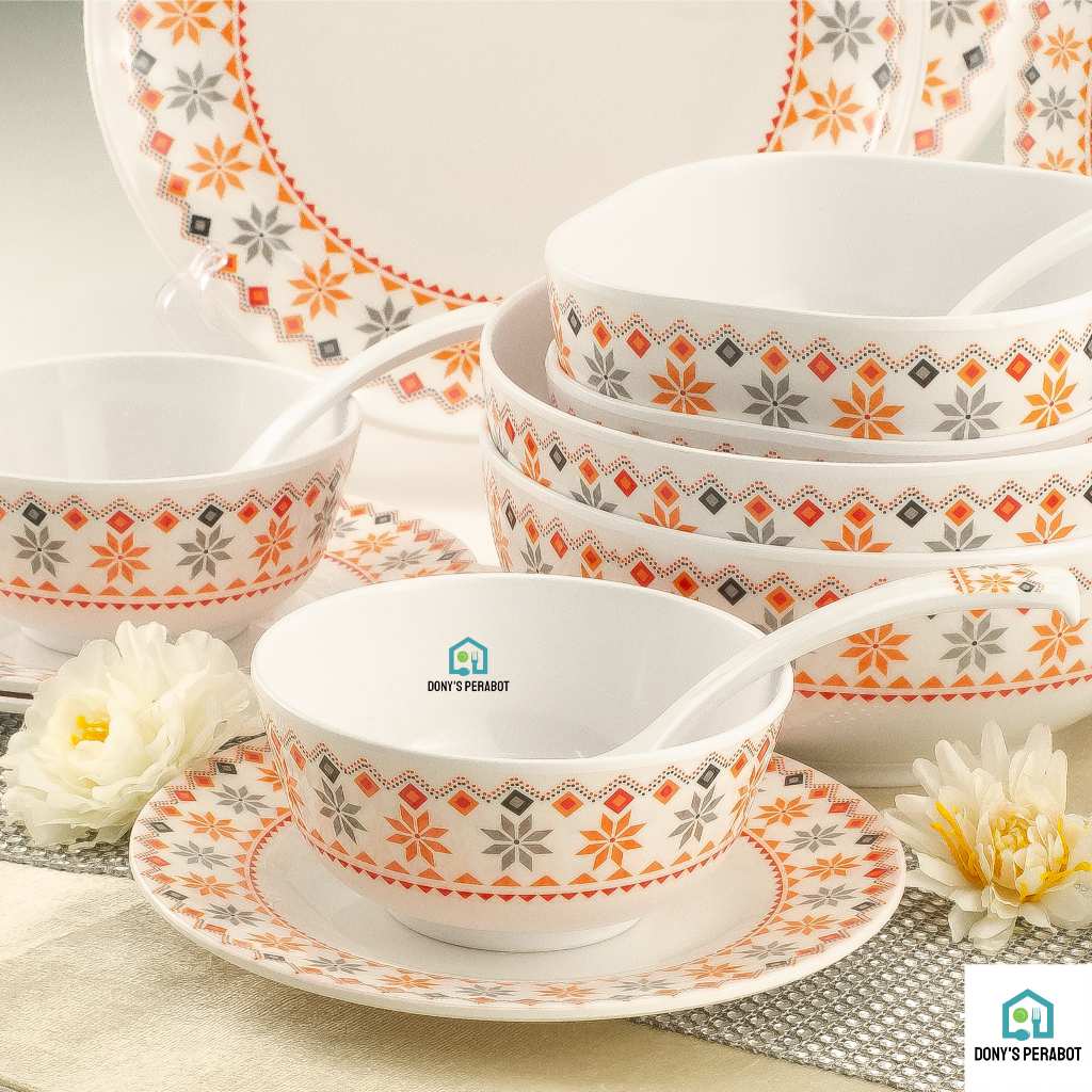 ID PIRING MANGKOK SET ( KERAMIK IMITASI ) 100% MELAMIN CANTIK PIRING SET MOTIF BUNGA BOHEMIAN MERAH