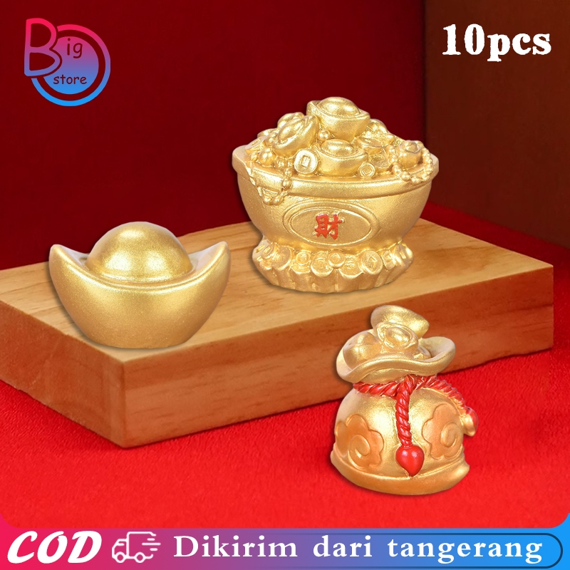Isi 10pcs Hiasan Imlek Yuan Bao Emas Imlek Gold Yen Pao Topper Money Bag Pajangan Uang Yen Pao