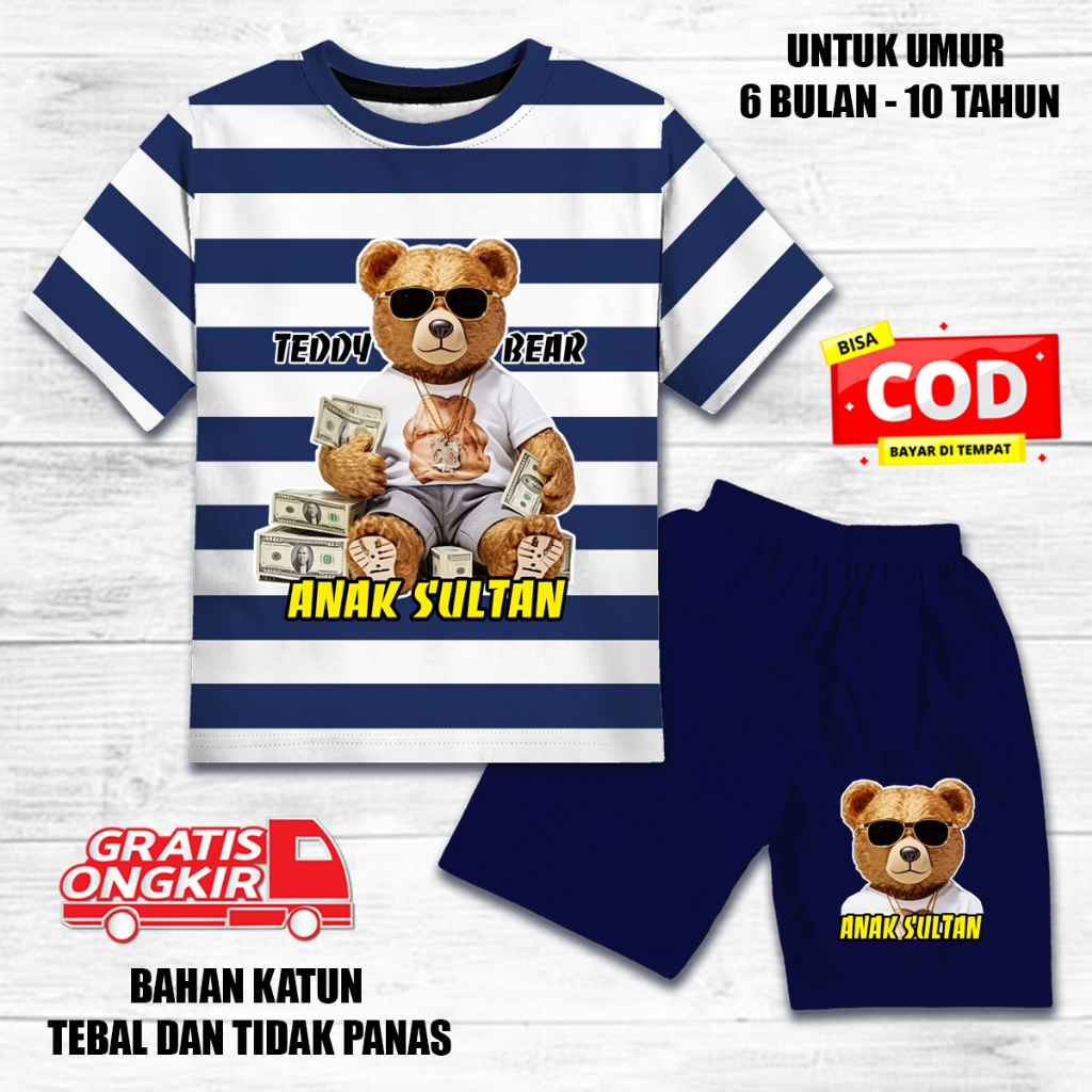 Setelan salur anak laki laki perempuan lengan pendek set baju kaos pendek katun beruang anak sultan