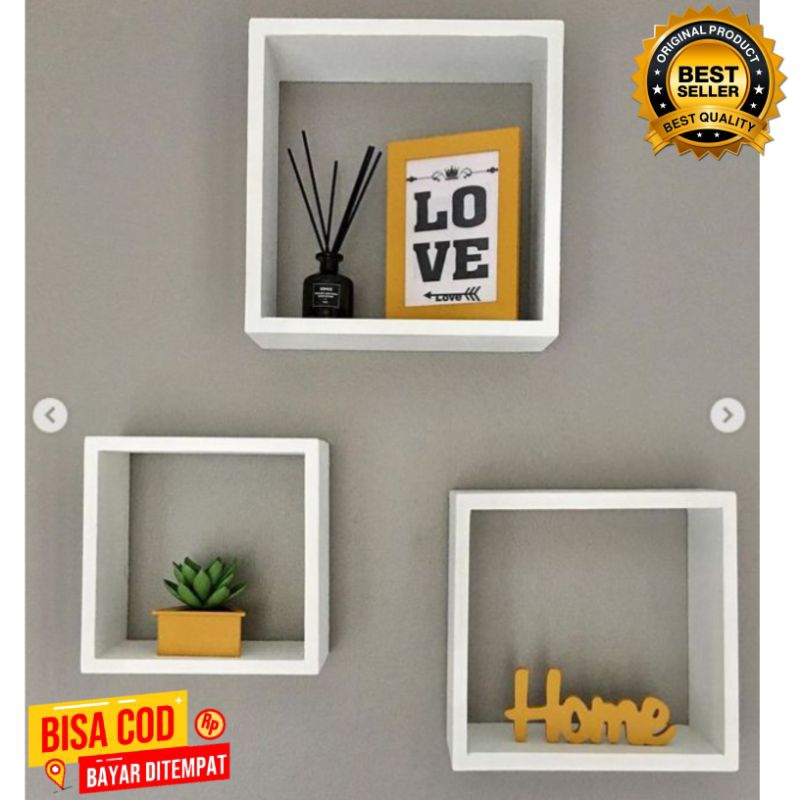 Rak Kayu Kotak Persegi Tempel Dinding (1set 3pcs) Dekorasi Kayu Persegi Tempel Dinding
