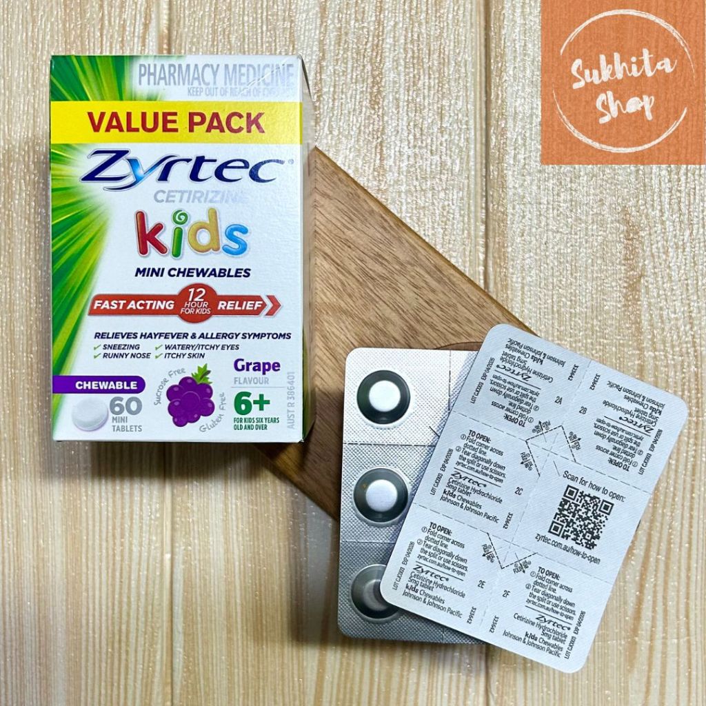 Zyrtec Kids Chewable Australia Antihistamine Allergy & Hayfever Chewable Tablet Grape 10 TABLET Obat