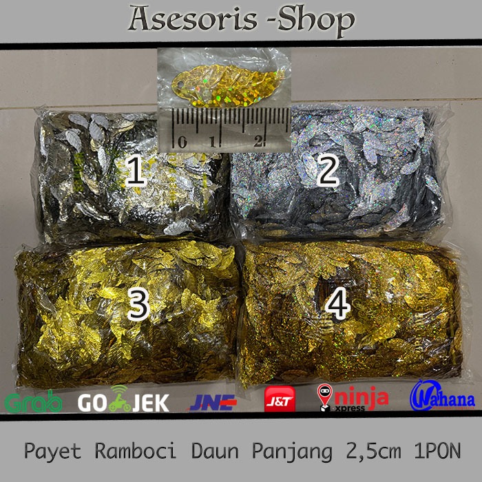 Manik Ramboci Daun Panjang | Payet Daun POLOS LASER 1 PON | Ramboci Daun 2,5cm