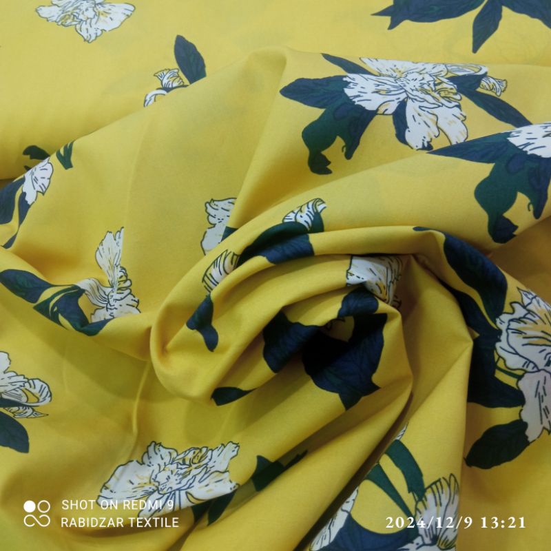 kain katun popline motif bunga dasar kuning premium garment