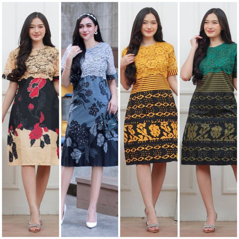 dress natal katun mix brokat gaun dress casual formal midi seksi cewek kekinian