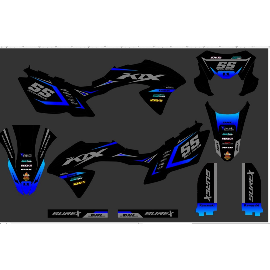 Decal Klx 150 Bf desain hitam biru list abu