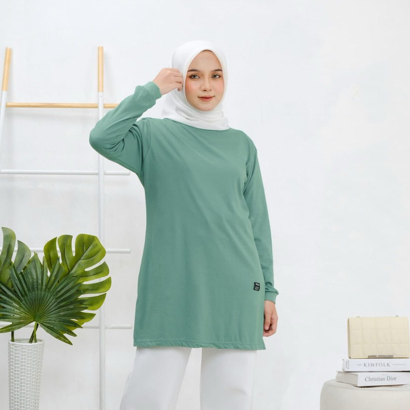 HOT Kaos tunic lengan panjang,Baju Tunic Wanita terkini,Tunic Lengan Panjang Wanita sage green,Tunik