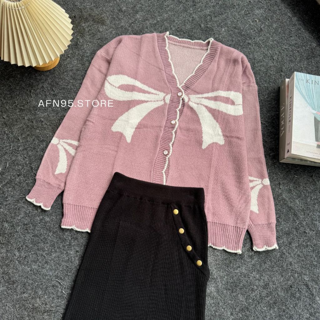 Set Baju Rajut Yolanda Motif Pita - ONESET Rok + Kulot Cardigan - Panjang