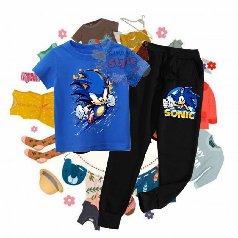 BAJU STELAN ANAK LAKI LAKI KAOS DAN CELANA JOGER KARAKTER SONIC