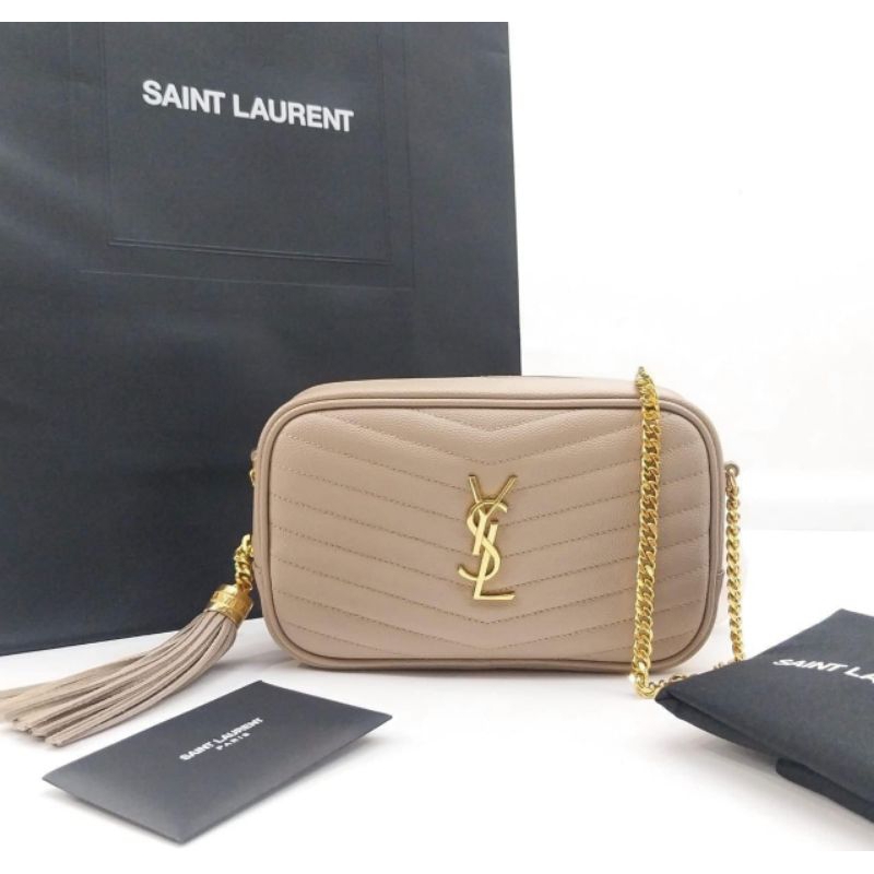 NEW YSL SAINT LAURENT Loulou camera bag nude beige tassle ghw