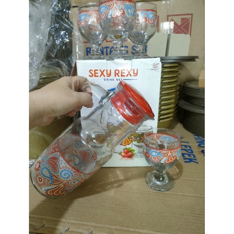 Teko air Drink Set 1set( 1 Teko, dan 4 Gelas kaki printing) l Drink Set Printing Coffee Murah dan Be