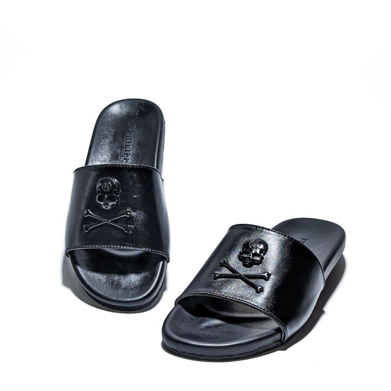 Sandal Slip on pria Philipp Plein original kulit 100% asli import