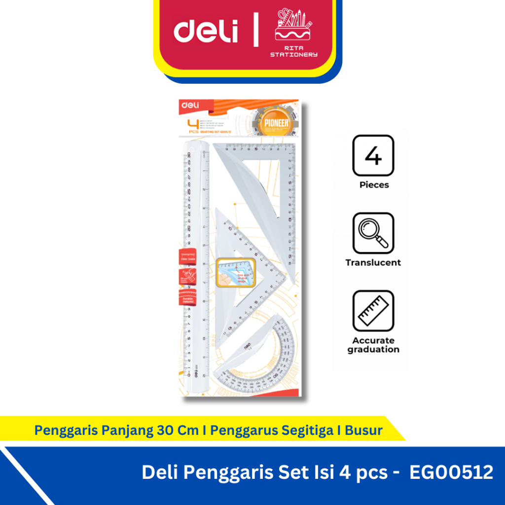 

Deli Penggaris Set 30 cm Pack isi 4 pcs Bening / Transparan I Penggaris Panjang 30 cm, Sisi Segitiga, Busur - EG00512