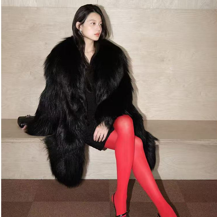 [Ratu Hitam dan Emas] Mantel Bulu Rubah Panjang Rubah Perak Norwegia Mantel Bulu Hitam