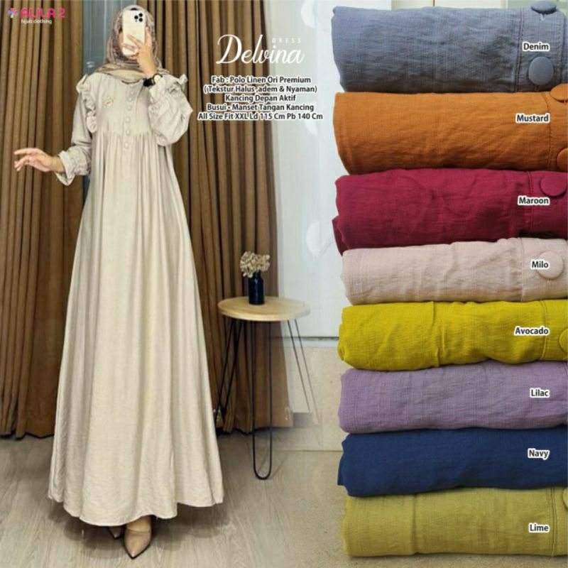 Delvina dress ori Alila hijab Gamis wanita polos muslim katun polo linen