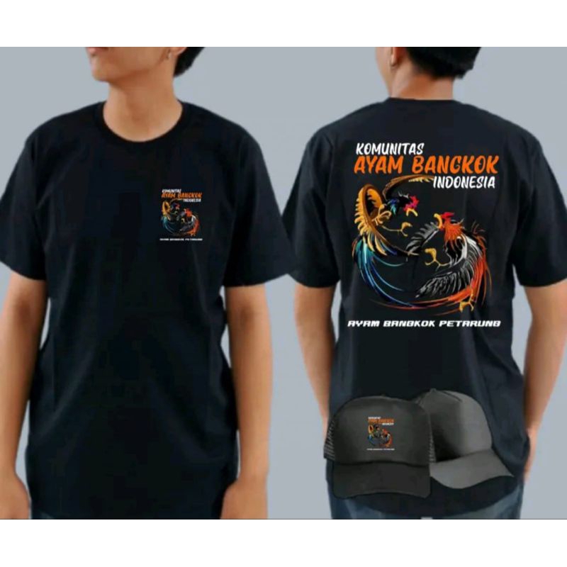 KAOS KOMUNITAS AYAM BANGKOK INDONESIA AYAM BANGKOK PETARUNG BONUS TOPI CORAK OREN PUTIH