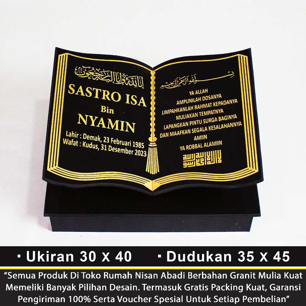 Batu Nisan Granit Makam Bentuk Model Buku Alquran Full Dudukan Lengkap Set Maesan Kijing Kuburan