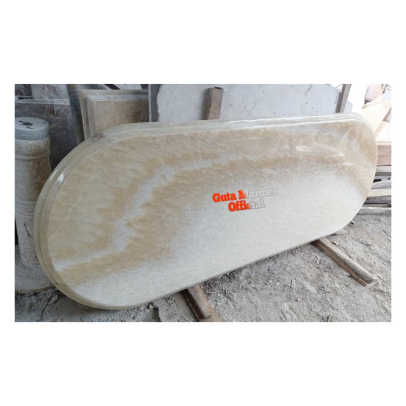 Top Table || Daun Meja Model Oval Batu Onix Coklat Motif Glosy Mengkilat Ukuran 80x160Cm
