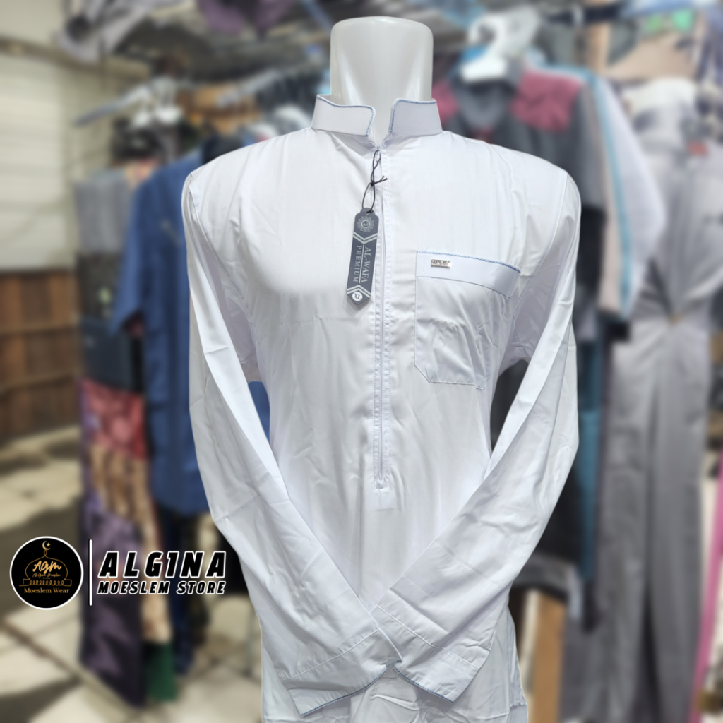 Gamis Al Wafa Putih Lengan Panjang Cuff Resleting | Jubah Muslim Putih Lengan Panjang Al Wafa Premiu