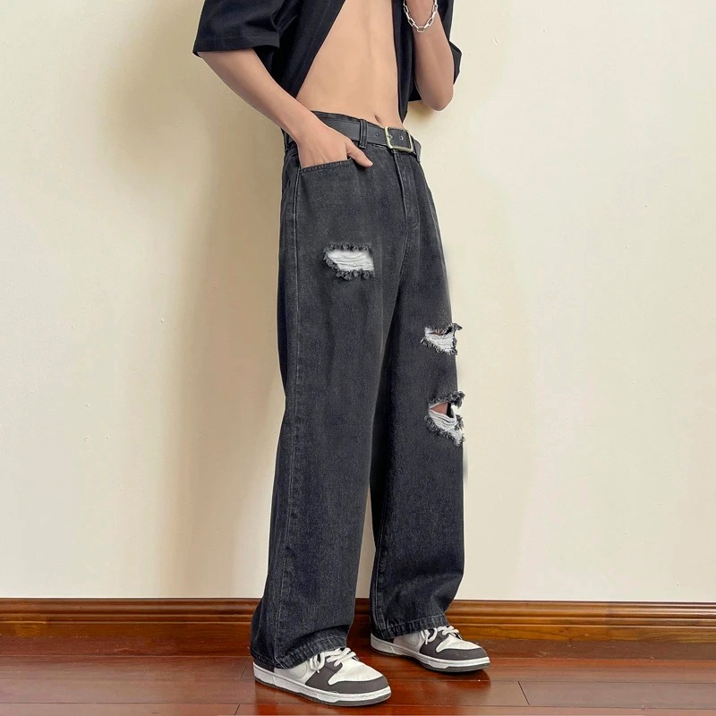 OVERSIZE JUMBO Celana Jeans Pria Baggy Sobek Hitam Abu Cowok Standar Original Denim Casual Kekinian 