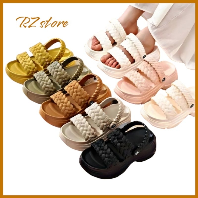Sandal wedges wanita dewasa tali belakang sandal karet model kepang