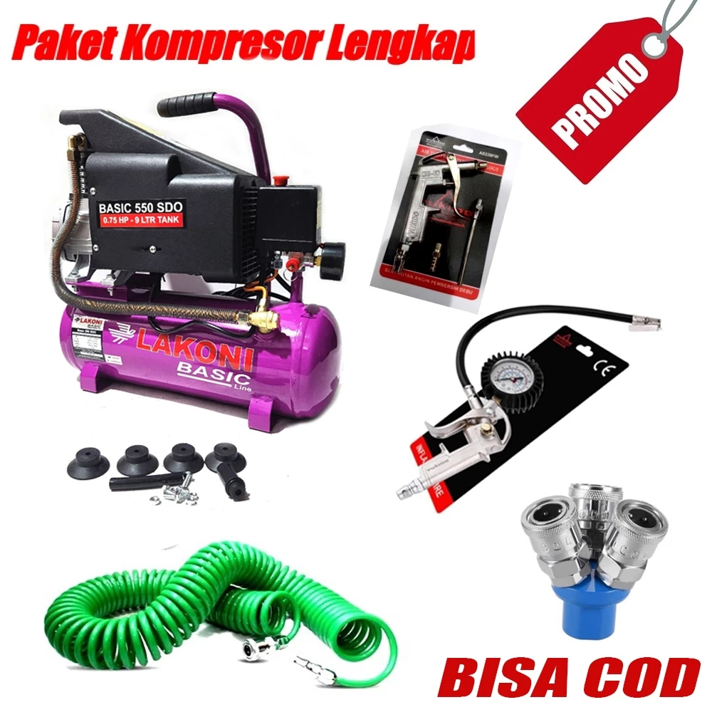Paket 5 Item Mesin Kompressor Oilless 0.75HP 3/4HP Kompresor Listrik Angin Tabung 9 Liter Silent LAK