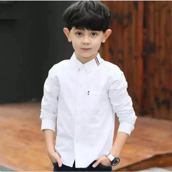 Kemeja Putih Polos Katun Anak Laki Laki Lengan Panjang Russel