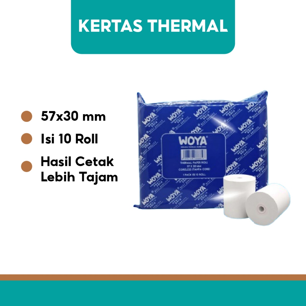 

WOYA Roll Kertas Struk Thermal 57mm - 58mm Isi 10 Gulung Mesin Kasir Printer Bluetooth Polos Serbaguna