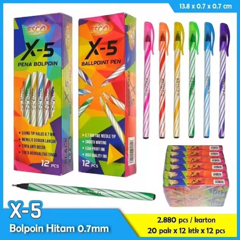

Pulpen / Bolpoin Pen Esco X-5 Tinta Hitam - 12 Pcs / 1 Lusin, Stationery