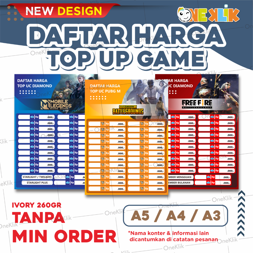 Poster Konter Daftar Harga Top Up Game / Poster Paket Konter / Poster Game -Oneklik.1