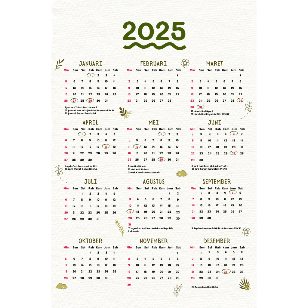 

Kalender 2025 Aesthetic - Kalender Dinding 2025 Estetik - Wall Calendar 2025
