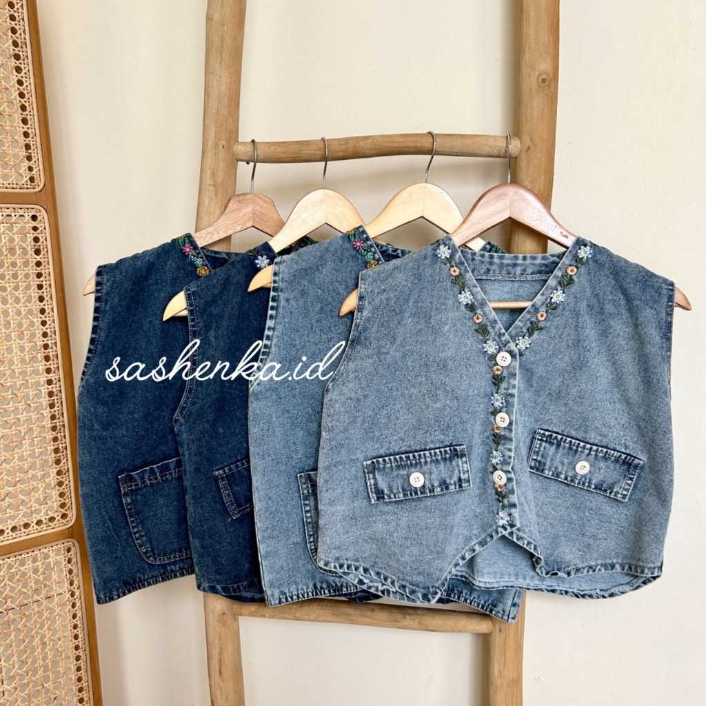 SASH - Avena Vest Jeans Bordir Flower Big Size Atasan Rompi Wanita Jumbo Korean Style
