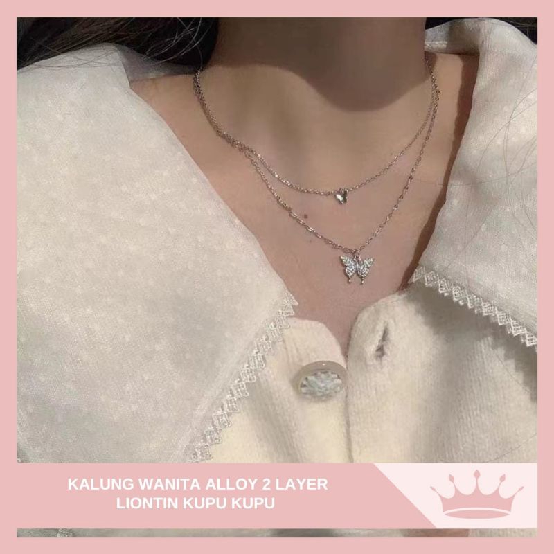 Kalung Wanita Alloy 2 Layer Liontin Kupu-Kupu / Kalung Summer Butterfly 2 layer / Kalung Double Laye