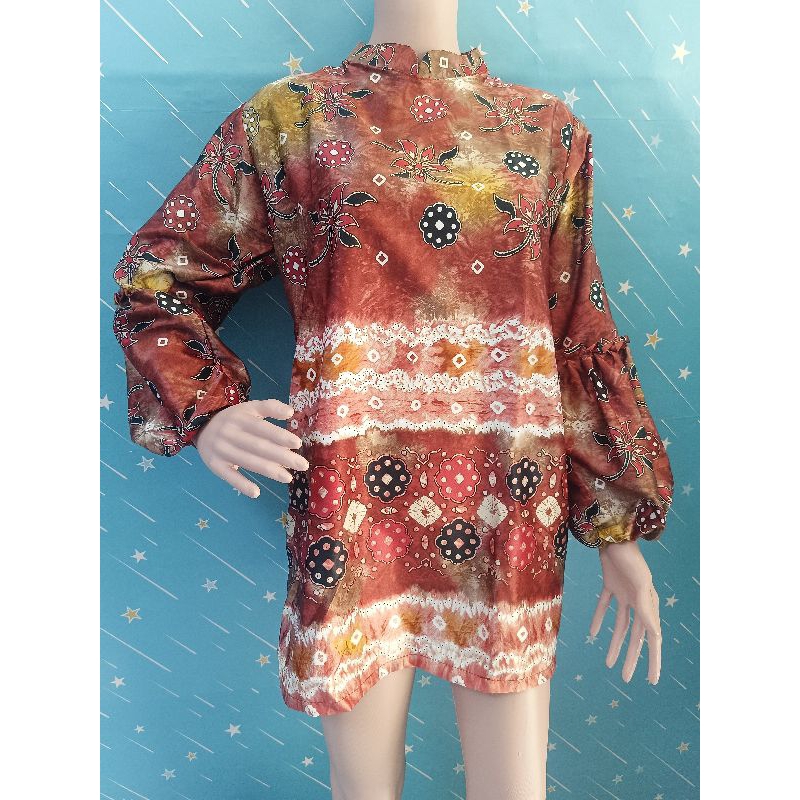 tunik jumputan velvet print (oranye)/tunik kerja