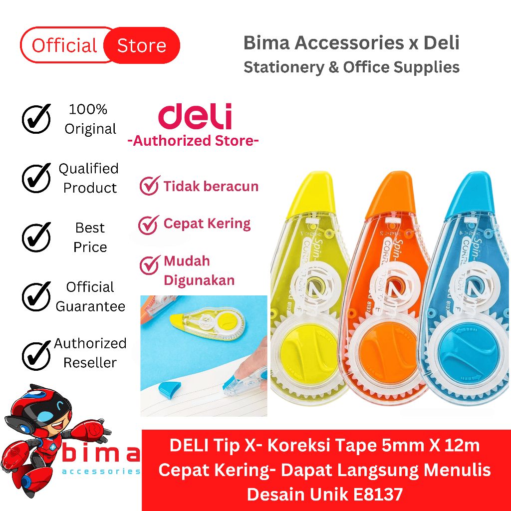 

DELI Tipe X Tip Ex Kertas Roll 12m Bentuk Kapsul Nyaman Digenggam Transparent Correction Tape E8137