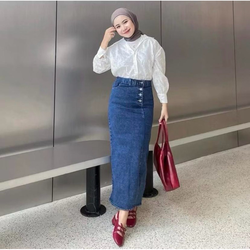 Rok Rebecca jeans wanita belah samping terbaru