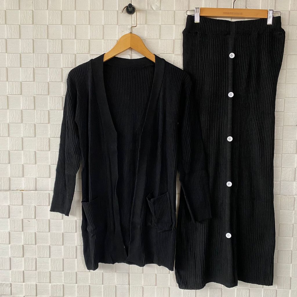 Setelan Rok Span Rajut Kancing Wanita/Set Batwing Polos Rajut Terbaru/Pakaian Wanita Korean Style/Sh