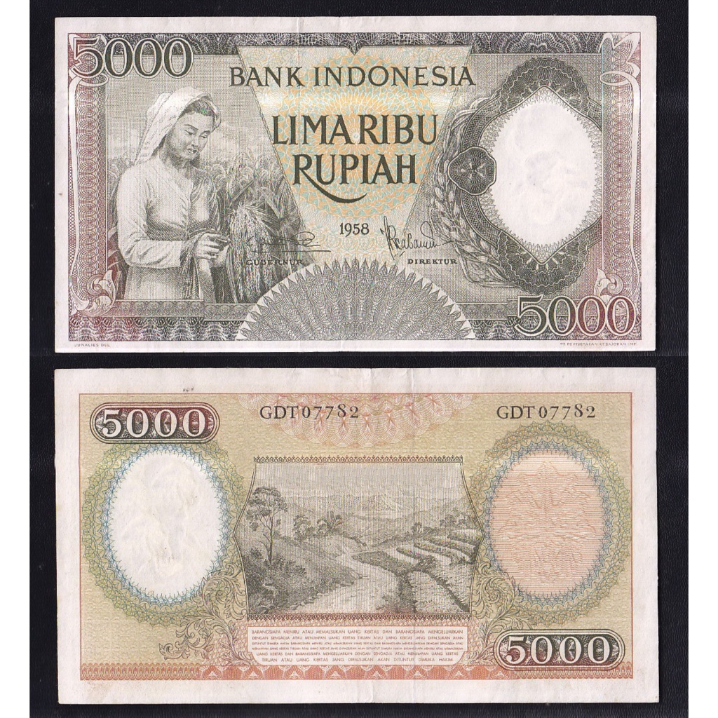 Uang kuno 5000 rupiah tahun 1958 seri Pekerja-1 S/N → GDT 07782