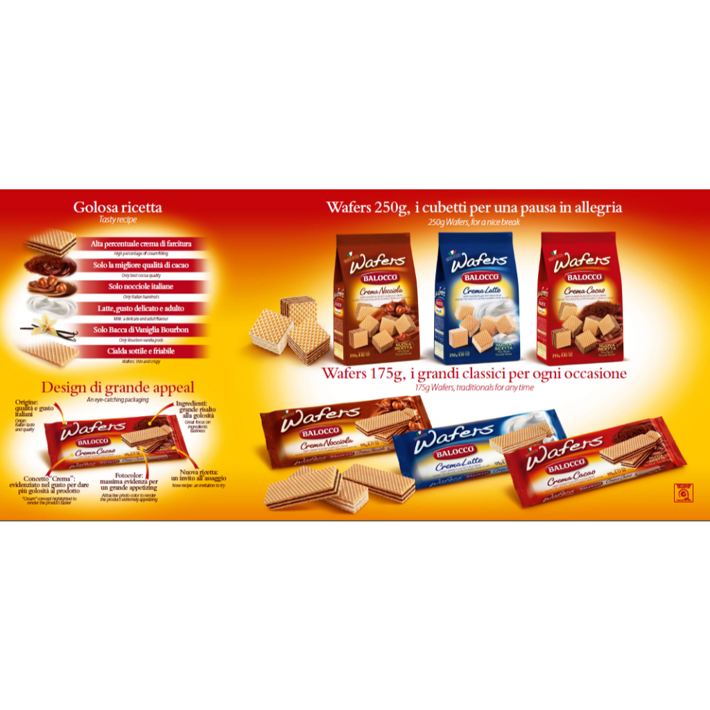 

Camilan Snack Impor Italy Balocco Wafer Bar 175 Gr & Wafer Cube 250 Gr Varian Hazelnut, Cocoa, Milk Vanilla, Zero Piu Biscuit 210 Gr No Sugar Varian Rice Wheat , Oat Flakes Rice, Buongiorno Biscuit 350 Gr Milk Honey, Savoiardi LadyFingers 400 Gr