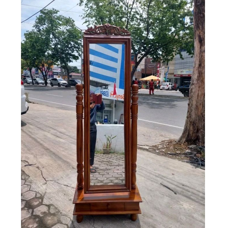 CERMIN BERDIRI UKIRAN JATI | STANDING MIRROR RIAS WAJAH | CERMIN GOYANG KAYU JATI