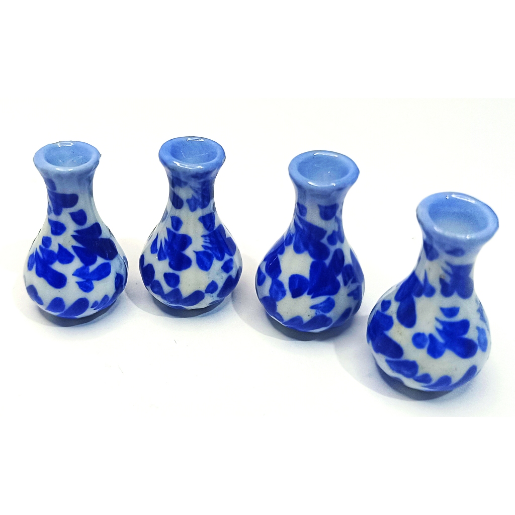 (Guci Mini Motif (biru outih)) Ornamen Miniatur Pajangan Meja Handmade Unik Mini Koleksi Diorama Det