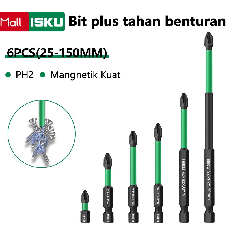 ISKU Mata Bor Obeng Set Magnetic 6pcs/Screwdriver Set 6pcs Mata Obeng Angin Plus Minus PH2 Double Ma